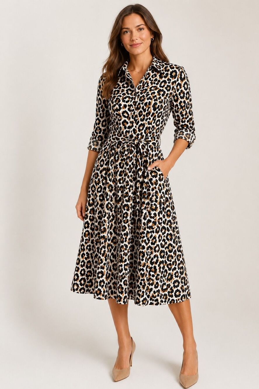 J.Crew Leopard Print Shirt Dress Size 8 Belted Cotton Midi Animal Print